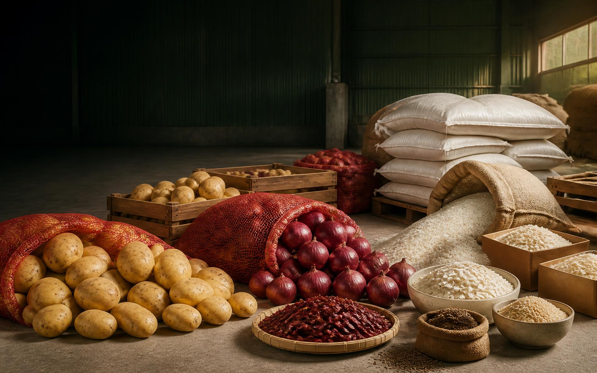 Potatoes, red onions, Basmati rice, dried chilli, cumin, and dehydrated ingredients prepared for export